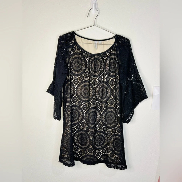 Tacera Black Lace with Nude Lining 3/4 Sleeve Dress Effortless Elegance Size S - Picture 1 of 16